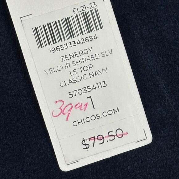 Chico's Zenergy Navy Velour Puffed Shoulder Long Sleeve Top NWT Size 1 Med - Picture 5 of 12